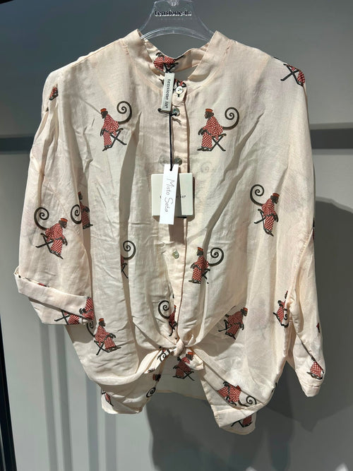 Camicia Fantasia Scimmie Con Collo Alla Coreana Tensione In