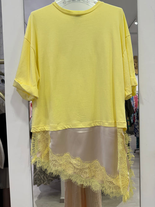T-Shirt Con Banda Saten in Raso e Pizzo Asimmetrico