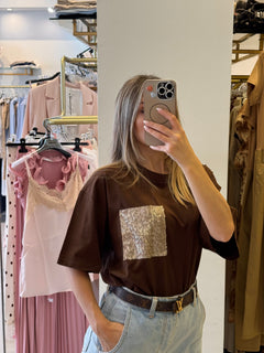 T-Shirt Con Taschino Paillettes Piatta