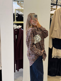 Camicia In Flanella Con Taschino Paillettes Argento Tensione In