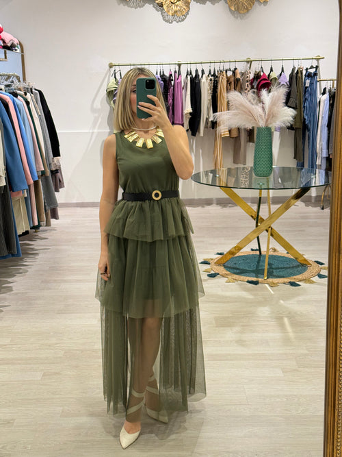 Abito Lungo Tulle Con Balze e Cintura No-nà