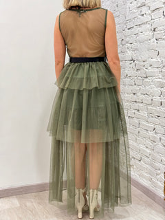 Abito Lungo Tulle Con Balze e Cintura No-nà