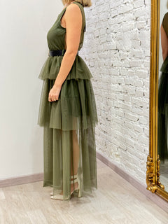 Abito Lungo Tulle Con Balze e Cintura No-nà