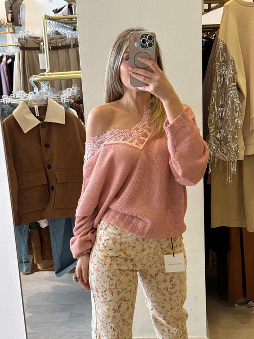 Maglia Scollo A V In Pizzo