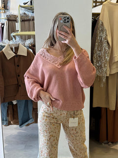 Maglia Scollo A V In Pizzo