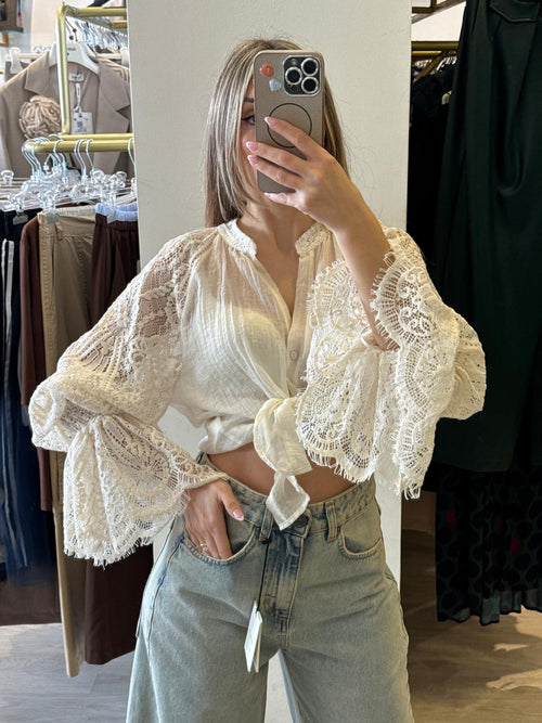 Camicia Coreana Con Maniche in Macramè