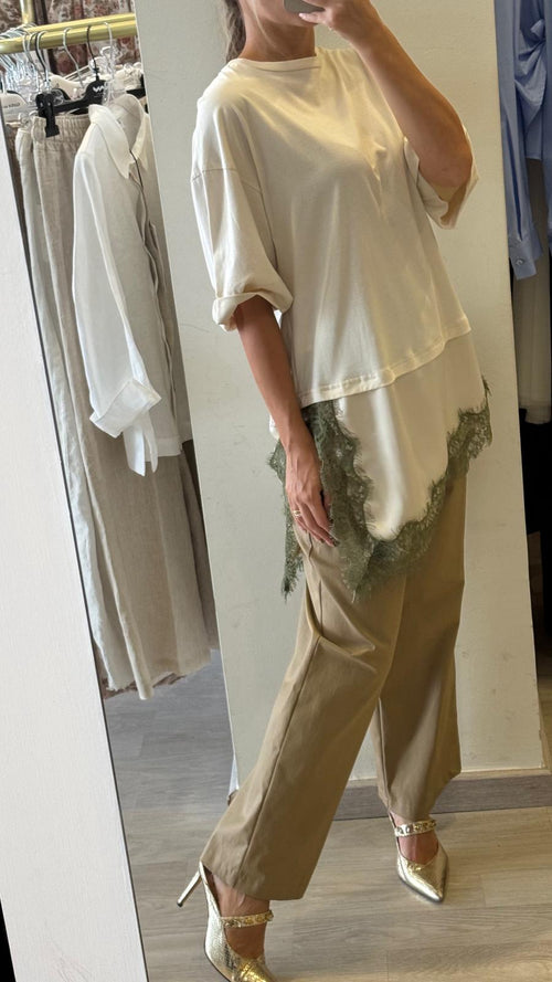T-Shirt Con Banda Saten in Raso e Pizzo Asimmetrico