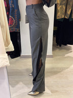 Pantalone Gessato con Inserto Laterale in Pizzo