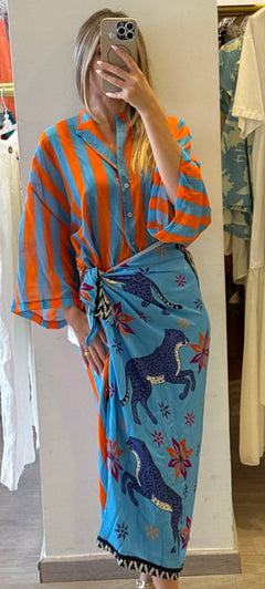 Camicia Riga Arancione e Turchese