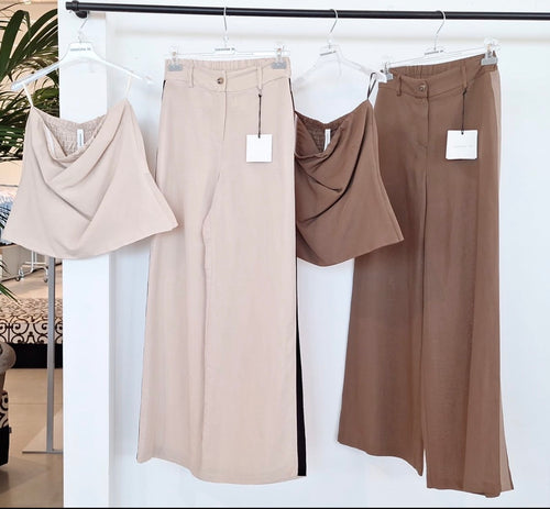 Completo Top/Pantalone In Viscosa/Lino Con Bande Laterali