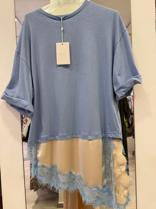 T-Shirt Con Banda Saten in Raso e Pizzo Asimmetrico