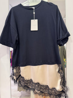 T-Shirt Con Banda Saten in Raso e Pizzo Asimmetrico