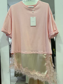 T-Shirt Con Banda Saten in Raso e Pizzo Asimmetrico