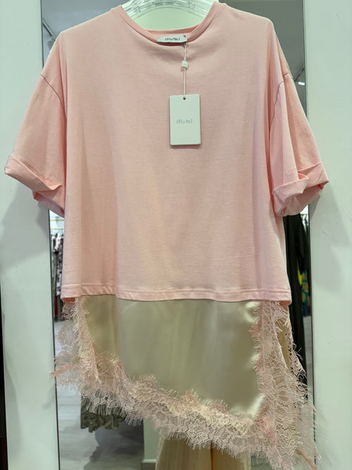 T-Shirt Con Banda Saten in Raso e Pizzo Asimmetrico