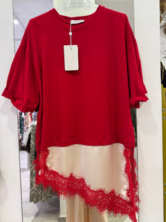 T-Shirt Con Banda Saten in Raso e Pizzo Asimmetrico