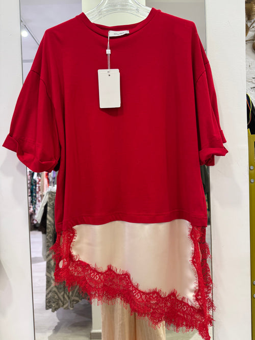 T-Shirt Con Banda Saten in Raso e Pizzo Asimmetrico