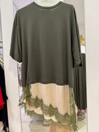 T-Shirt Con Banda Saten in Raso e Pizzo Asimmetrico