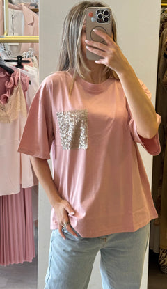 T-Shirt Con Taschino Paillettes Piatta