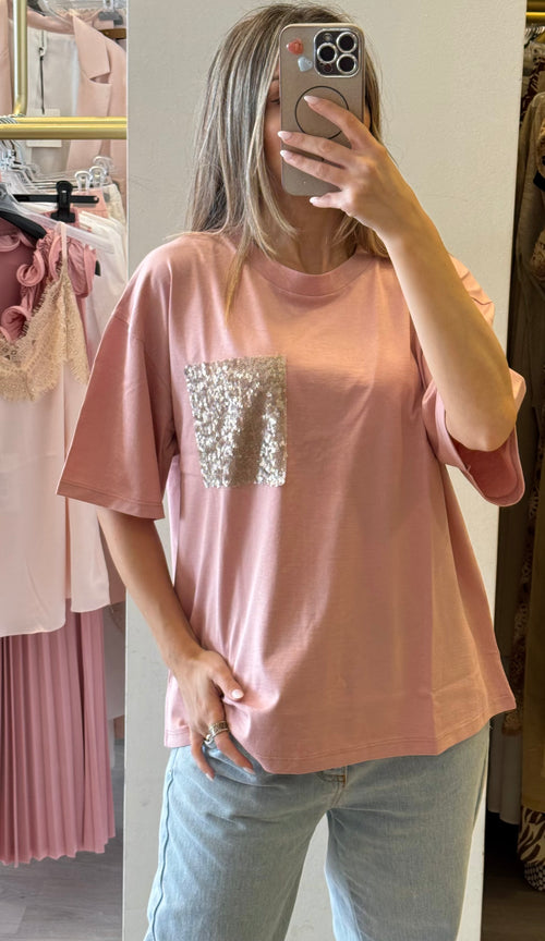 T-Shirt Con Taschino Paillettes Piatta