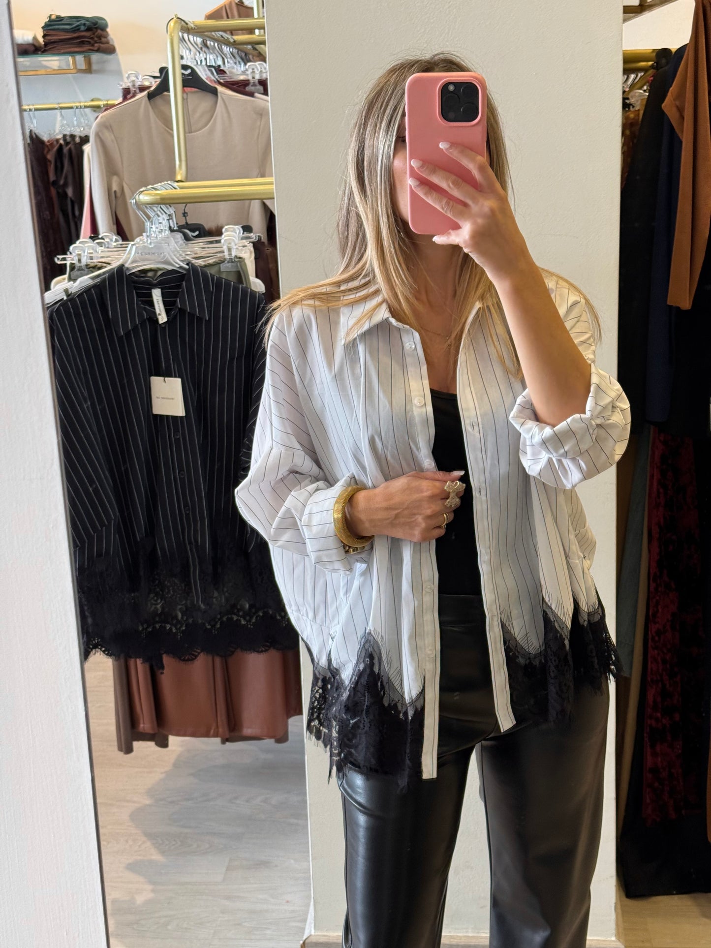 Camicia Over-size bacchettata con fondo in pizzo