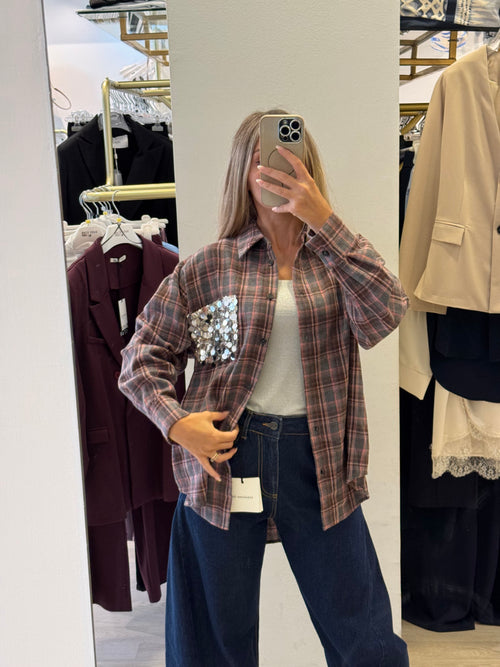 Camicia In Flanella Con Taschino Paillettes Argento Tensione In