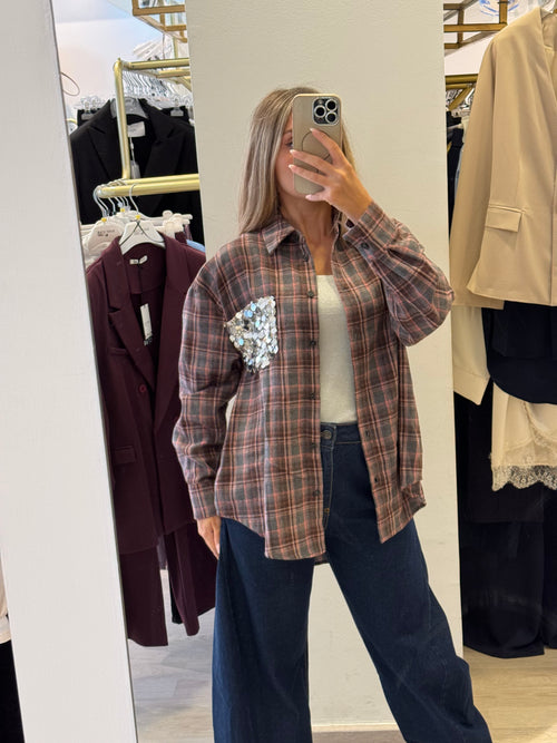 Camicia In Flanella Con Taschino Paillettes Argento Tensione In