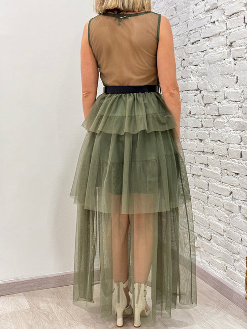 Abito Lungo Tulle Con Balze e Cintura No-nà