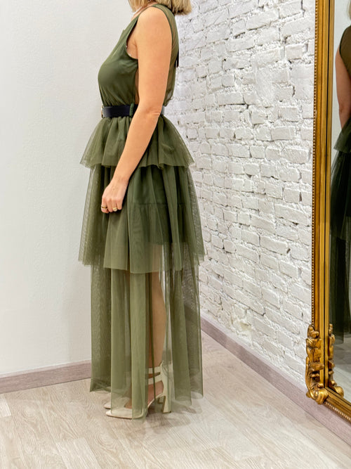 Abito Lungo Tulle Con Balze e Cintura No-nà