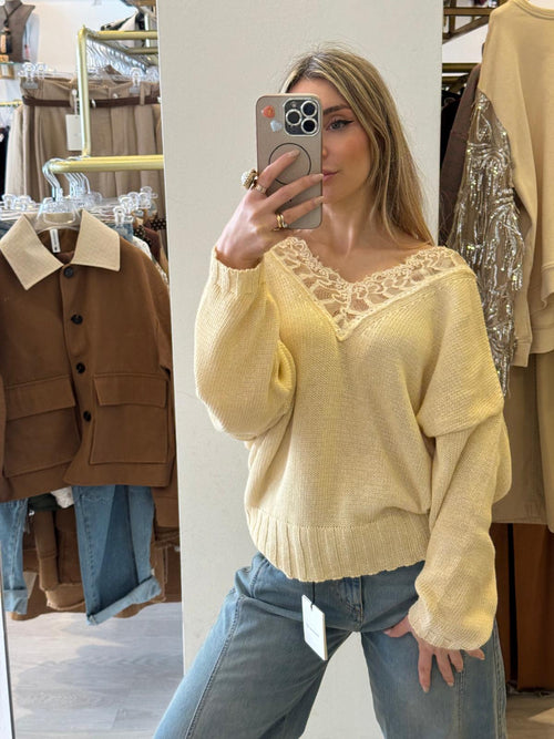 Maglia Scollo A V In Pizzo