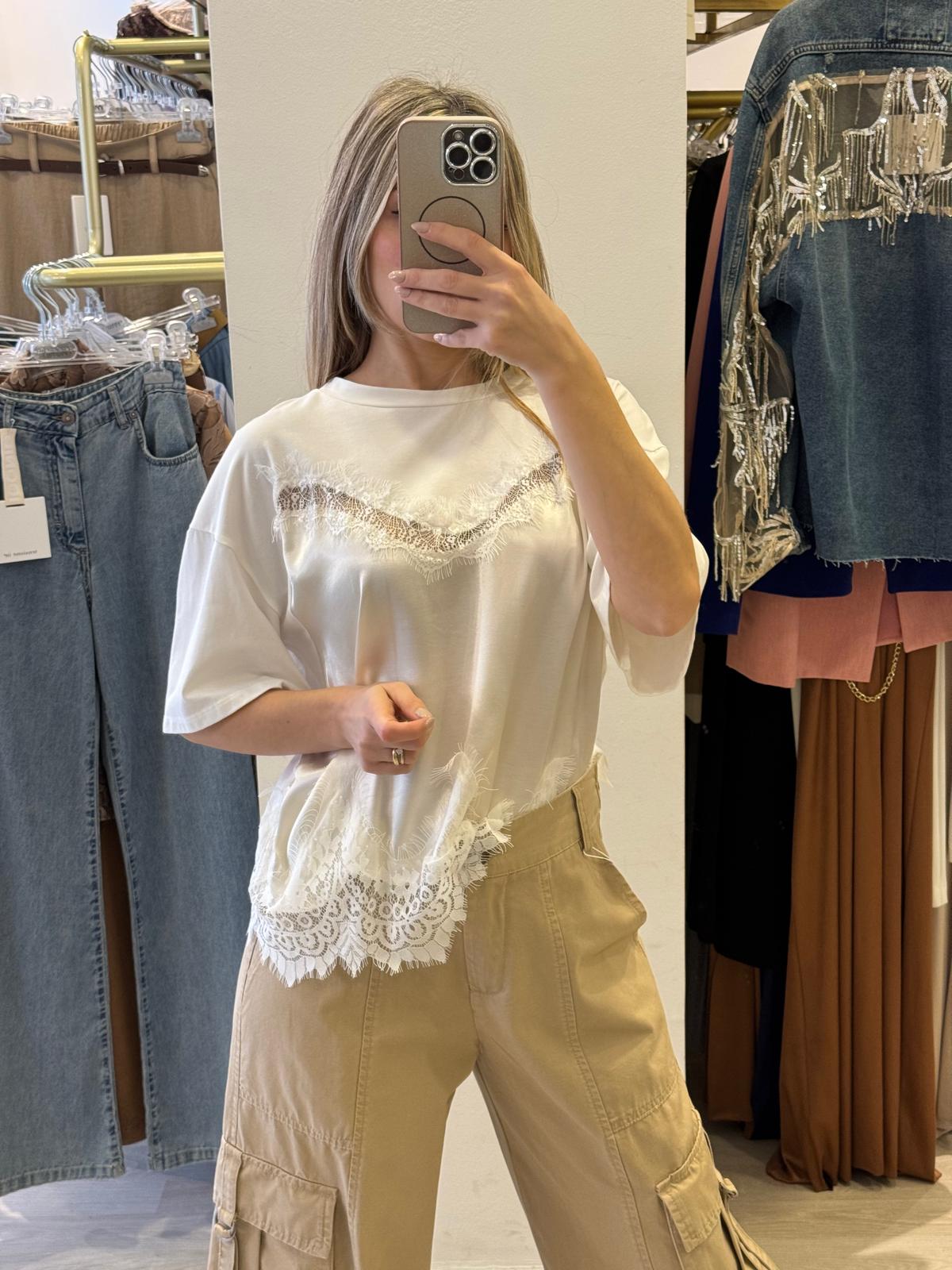 T- shirt In Raso E In Pizzo