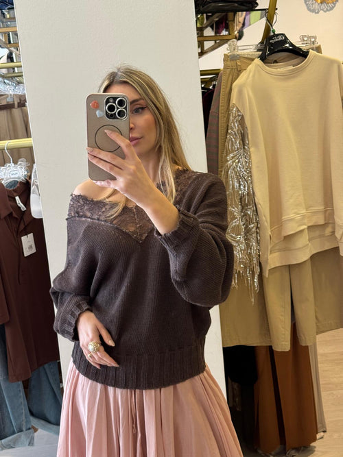 Maglia Scollo A V In Pizzo