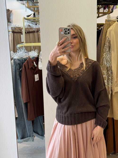Maglia Scollo A V In Pizzo