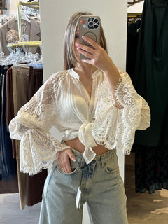 Camicia Coreana Con Maniche in Macramè