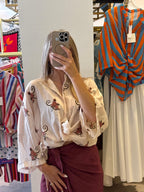 Camicia Fantasia Scimmie Con Collo Alla Coreana Tensione In